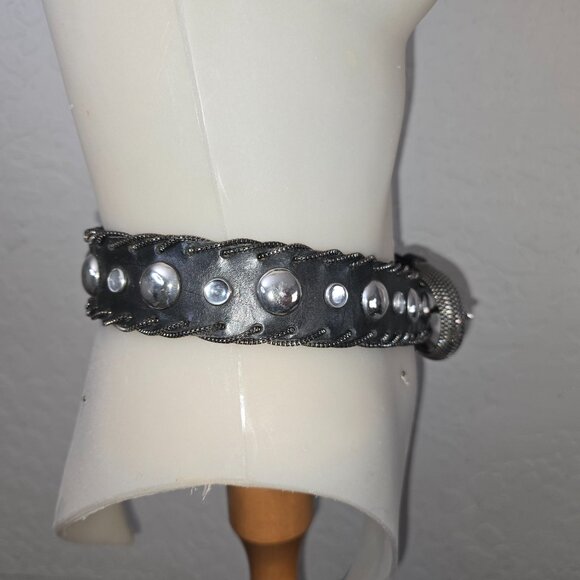 VTG Nanni Studded Black Leather Belt With Intricate Silver Buckle & Mesh Chains - Picture 5 of 11
